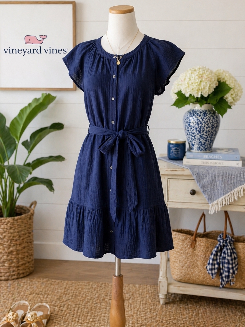 Vineyard Vines Navy Button-Front Tie-Waist Dress